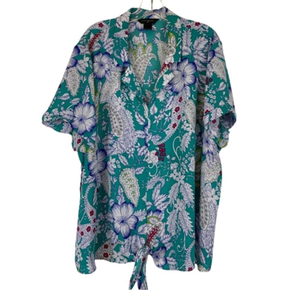 Investments green floral paisley blouse V-neck front tie size 3X